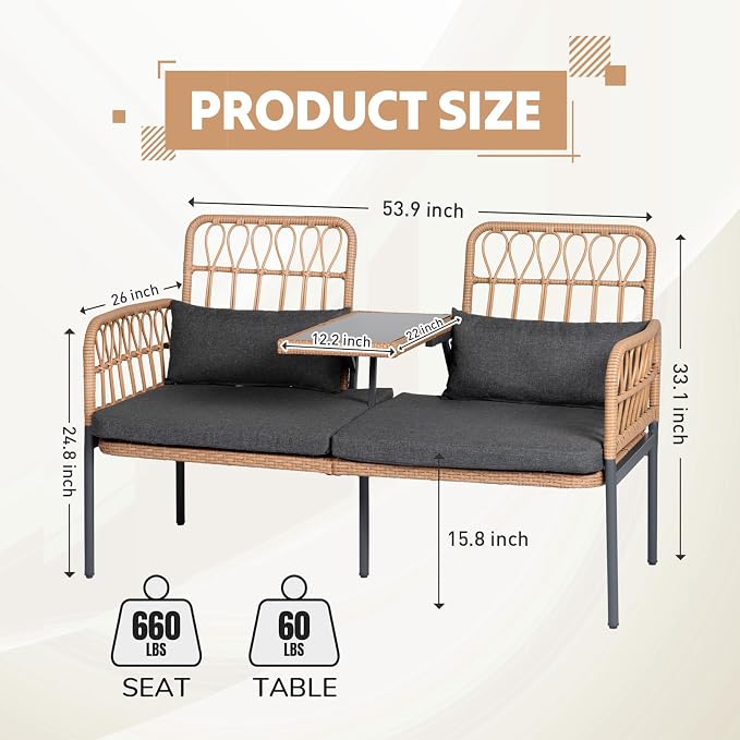 Outdoor Loveseat 2 Pieces Patio Furniture Set, Porch Furniture Wicker Large Loveseats, Patio Conversation Sets with Cushions & Lumbar Pillows and Built-in Table