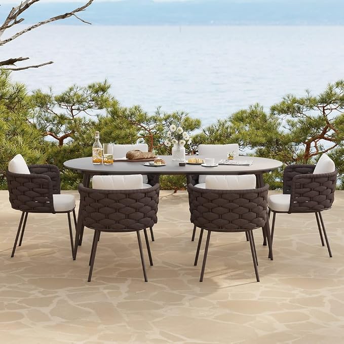 7-Piece Outdoor Dining Set - 70.9'' Sintered Stone Top Dining Table with 6 Rope Woven Armchairs, Aluminum Frame, and Cushions for Patio, Garden, and Outdoor Dining
