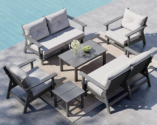 GREENVINES 8-Piece-Patio-Conversation-Set | HDPE Plastic | Outdoor Sectional Furniture Sets | Waterproof Sofa | Couch with Coffee Table & Side Table | Detachable Armrests | for Deck Lawn | Gray