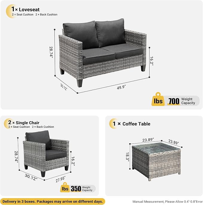ovios 4 Pieces Patio Furniture Set, Outdoor Wicker Rattan Sofa Couch with Loveseat, Chairs, Glass Coffee Table, Conversation Sets for Yard Porch Garden, Black