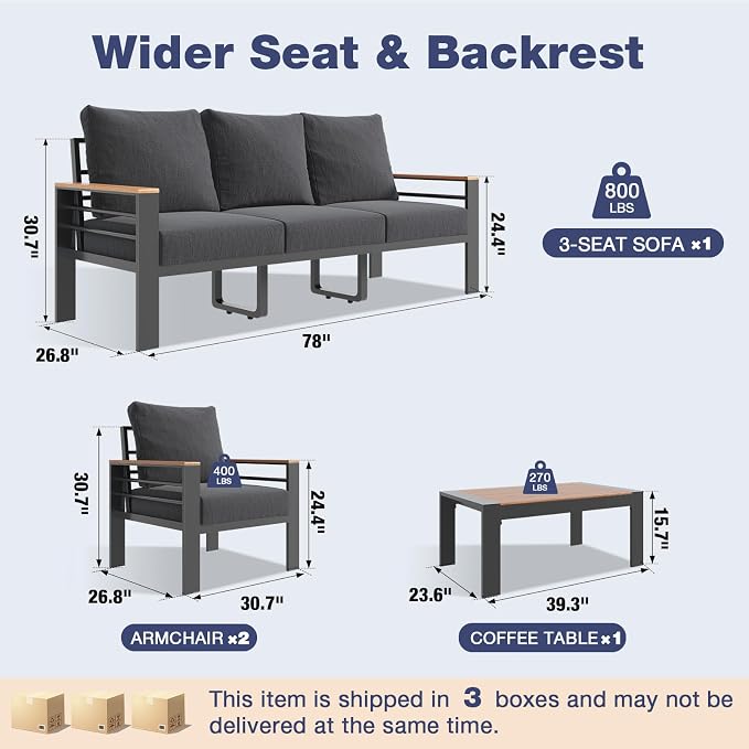 Aoxun Aluminum Patio Furniture Set 5 Seats, Oversized Outdoor Sectional with Washable Thick Cushions, Coffee Table, Patio Conversation Sets for Porch, Balcony, Deck
