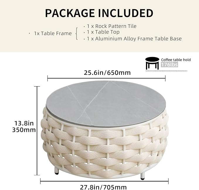 TWT Outdoor Coffee Table Round Centerpiece Table, Lightweight Accent Table with Hand Woven Rope Decor for Garden and Patio(Olefin Rope, Beige)