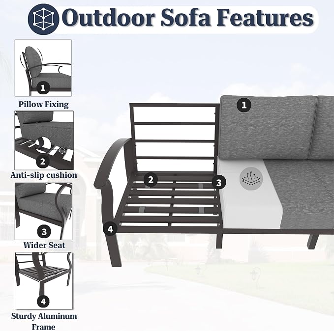 Kurapika Aluminum Patio Furniture Set 5-Seat Modern Metal Outdoor Conversation Sets w/5.1 Inch Cushion Patio Sectional Sofa, Grey