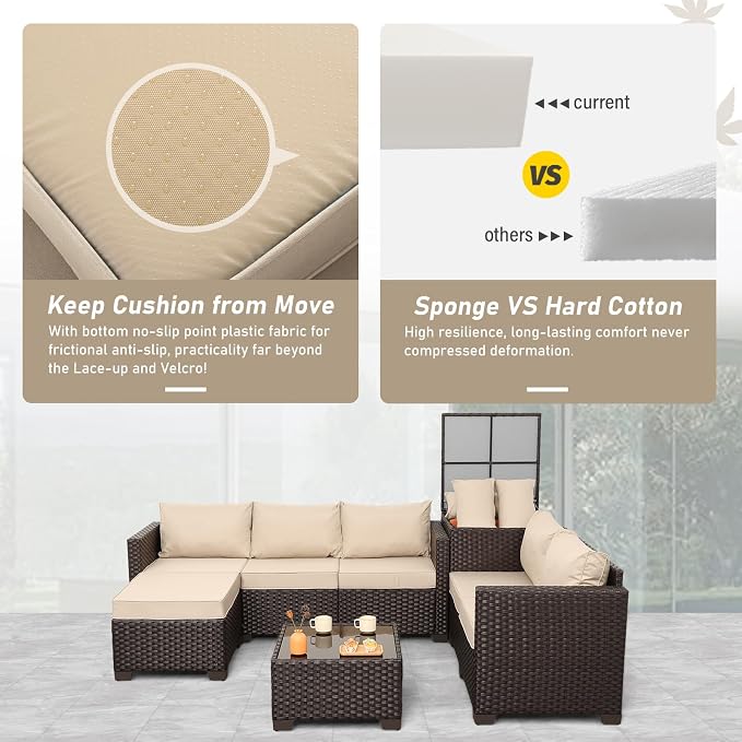 Valita 5 Pieces Brown Wicker Patio Furniture Set Outdoor Sectional Conversation Sofa Set with Storage Bin and Glass Table with Non-Slip Cushions Furniture Covers, Beige