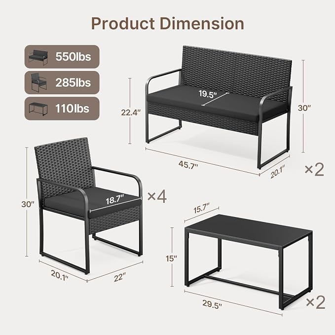 Gizoon 8 Piece Outdoor Black Wicker Patio Furniture, Outdoor Patio Furniture Set with Glass Coffee Table, Modern Rattan Chairs Conversation Set, for Porch, Garden, Lawn, Black Cushion