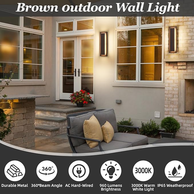 Brown Outdoor Wall Sconce Exterior Lights Fixture 15.7 in,12 W | Modern Porch Lights,Waterproof Outdoor Wall Lighting,Included 3000K Warm White LED Light Bead,360° Angle,2 Packs