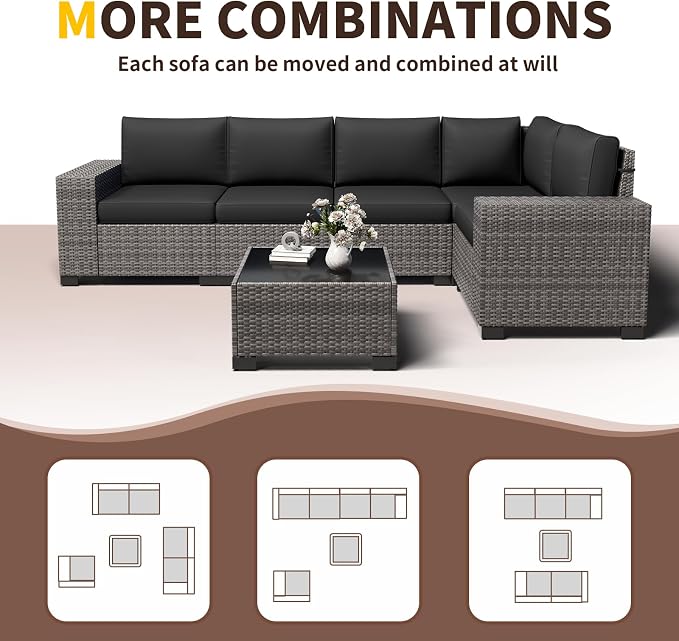 Outdoor Patio Furniture Set, 8'' Wide armrest Outdoor Sectional Rattan Sofa Set, Wicker Patio Furniture Sets w/Coffee Table,Thick Cushions and Cover for Porch, Balcony,Deck 6 PCS(Grey&Black)