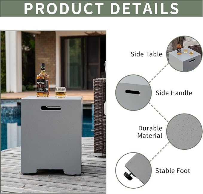 COSIEST Outdoor Hideaway Tank Table for Gas Fire Pits, Hides Standard 20lb 16-inch Propane Tank Cover w Side Handles (Gray)
