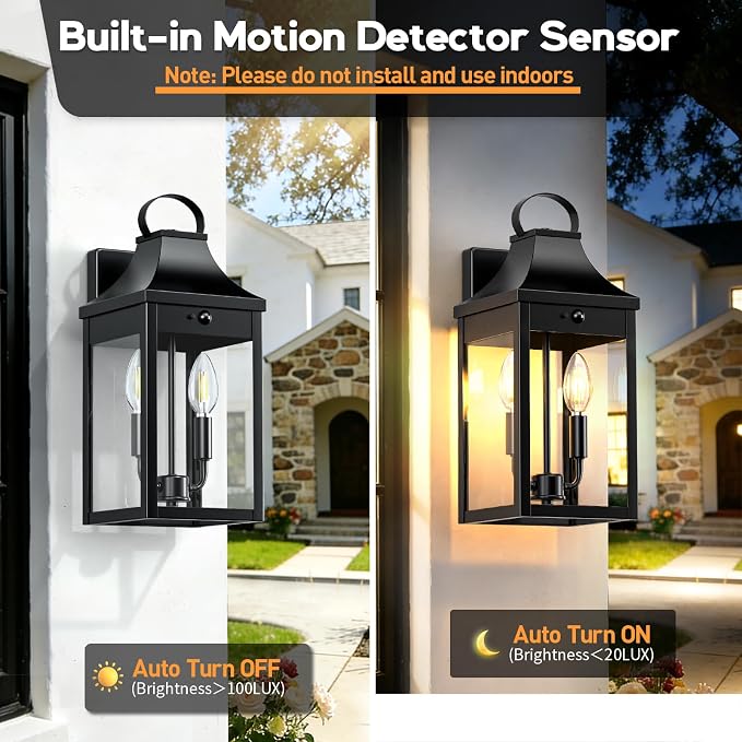 15.5'' Motion Sensor Outdoor Wall Light, Dusk to Dawn Outdoor Lighting | Large Black Modern Sconces Lantern Porch Lights, Exterior Lighting Fixtures with E12, Outside lights for House, 3 Modes
