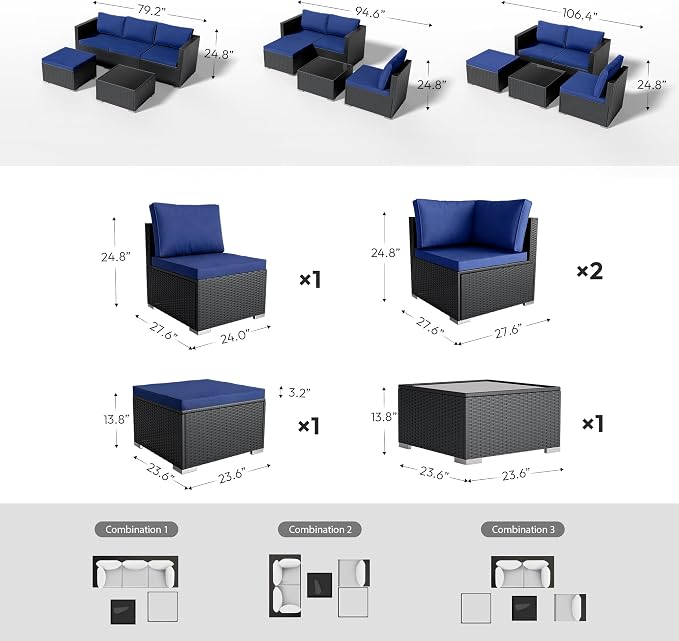 WWR Patio Furniture Set 5 Piece - Wide Armrests - All-Weather Wicker Rattan Outdoor Conversation Couch Sets, Modular Sectional Sofa for Garden, Patio, Poolside, Backyard, Balcony, Porch