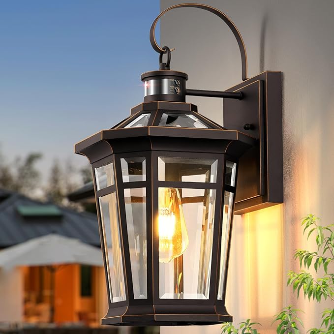 VIANIS Motion Sensor Outdoor Porch Lights Wall Mount, Aluminum Dusk to Dawn Outdoor Lighting for House Exterior Wall Sconce, Waterproof Oil Rubbed Bronze Gold Trim Exterior Lighting Fixtures for Patio