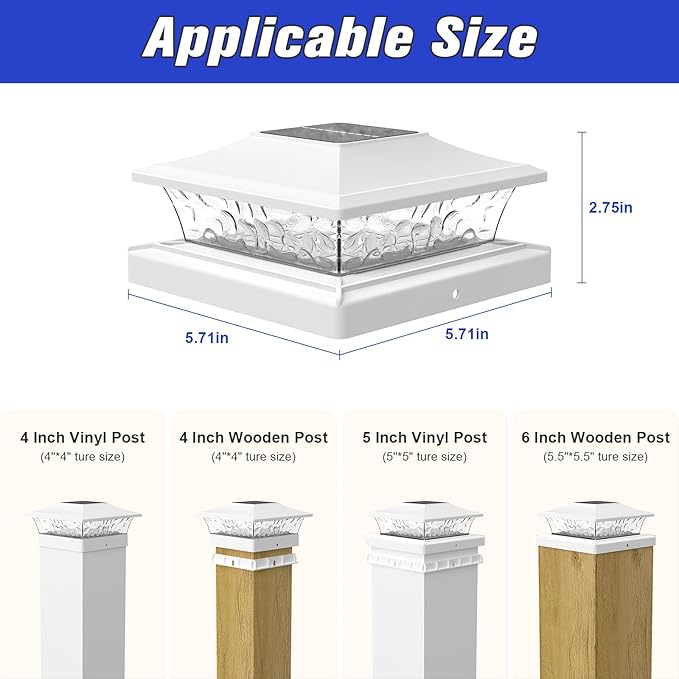 APONUO Solar Post Cap Lights 6 Pack for 4x4 5x5 6x6 Wood & Vinyl Fences - IP65 Waterproof, All-Night Auto On/Off, Warm/Cool White Light, Outdoor Deck Patio Garden (White)