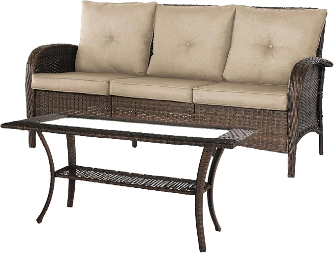 YLGJ&TIDY Outdoor Furniture 2PCS Set All-Weather Brown Wicker Patio Conversation Set 3 Seater Rattan Sofa Glass Coffee Table for Garden Backyard Porch Balcony w/Thick Cushions (Khaki,2PCS Sofa/Table)