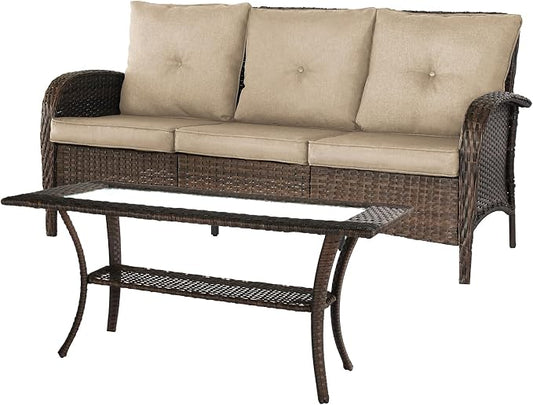 YLGJ&TIDY Outdoor Furniture 2PCS Set All-Weather Brown Wicker Patio Conversation Set 3 Seater Rattan Sofa Glass Coffee Table for Garden Backyard Porch Balcony w/Thick Cushions (Khaki,2PCS Sofa/Table)