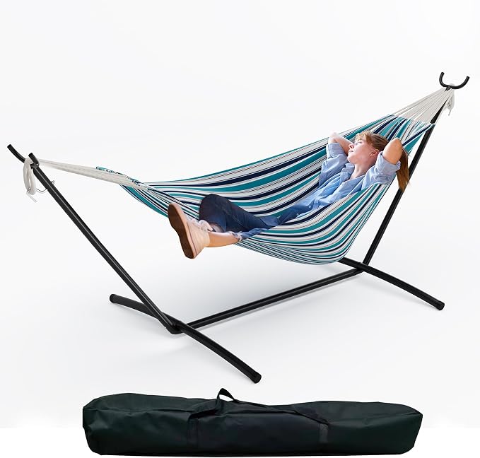 Extra Wide Hammock Chair with Stand, 500lbs Heavy Duty Steel Frame, Adjustable Height, Portable Folding Patio Swing for Outdoor, Backyard, Balcony, Camping – Includes Waterproof Carry Bag