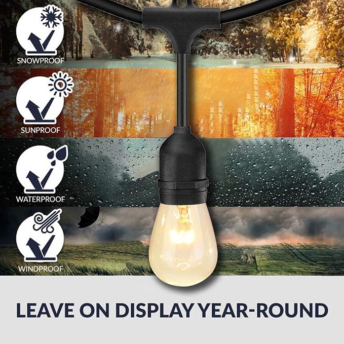 SUNTHIN Outdoor String Lights, 48FT Commercial Grade String Light with 15 11W Dimmable Edison Vintage Bulbs, Hanging for Outside, Patio, Garden, Backyard, Porch, Deck, Pergola, Party