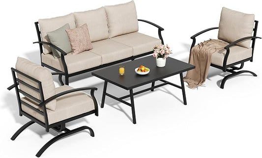 Metal Patio Furniture Set, 4 Piece Outdoor Sectional Conversation Sofa Set, 3-Seat Sofa w/2 Single Sofas and Coffee Table, Garden, Porch, Balcony, Deck, Sand