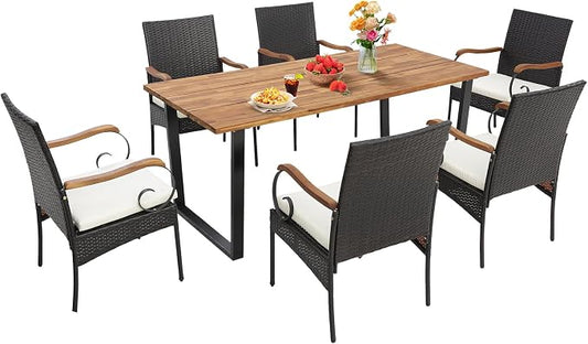 Tangkula 7PCS Patio Rattan Dining Set, Outdoor Wicker Chair & Dining Table Set, Acacia Wood Tabletop & Armrests, 2” Umbrella Hole, Seat Cushions Included, Backyard
