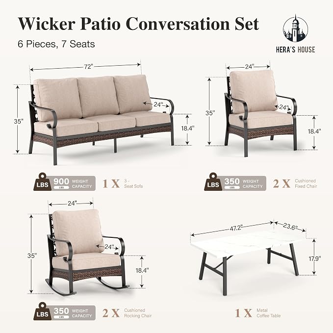 HERA'S HOUSE 6 Piece Metal Patio Furniture Set, All Weather Outdoor Conversation Set with 3-Seat Sofa, 2 Rocking Chairs, 2 Fixed Chairs & Coffee Table, 7 Seats for Backyard, Garden, Deck, Beige
