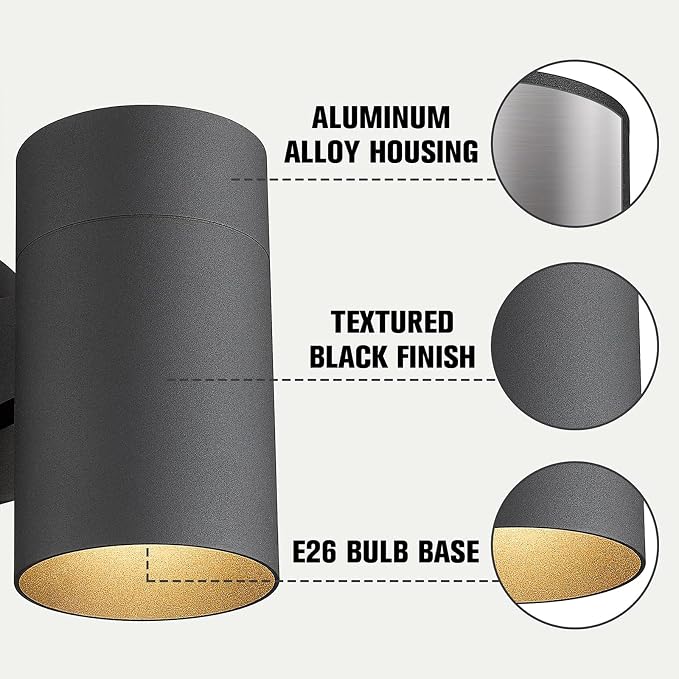 Ken & Ricky Modern Outdoor Wall Sconce Lights,Cylinder，Black ，2 Pack | No Glare Aluminum Exterior Lighting Fixtures,Downward Outside Wall Light,E26,For House Front Porch Garage Patio Entryway