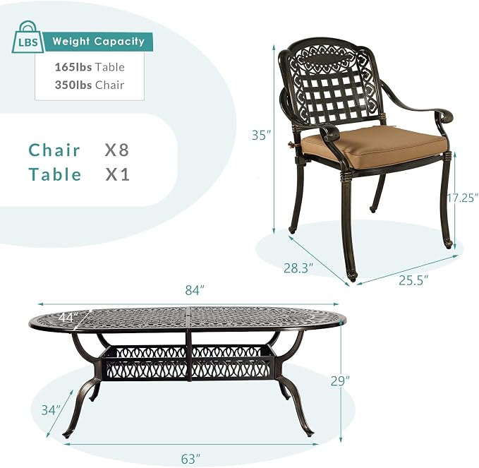 MEETWARM 9-Piece Patio Dining Set Outdoor Furniture with 8 Stackable Patio Chairs and Large Table, 8 Cushions, All Weather Cast Aluminum Patio Garden Set, 2" Umbrella Hole, Dark Bronze