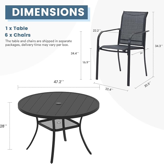 DIFY Outdoor Dining Set for 6, Patio Dining Furniture Set Includes 47.2" Black Round Table with Adjustable Umbrella Hole and 6 Grey Stackable Metal Chairs for Poolside, Garden, Backyard
