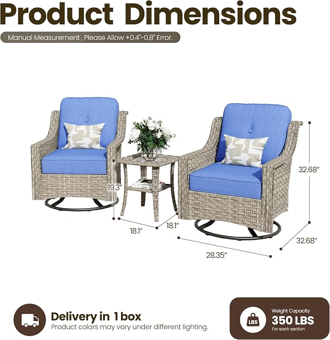 3 Piece Patio Furniture Set, Outdoor High Back Swivel Rocker Chairs Set of 2 with Side Table, All Weather Wicker Glider Chair with Thick Cushions for Backyard Balcony Porch, Sapphire Blue