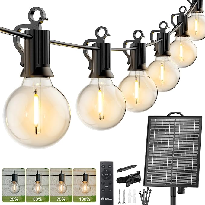 Brightown 106FT Solar String Lights Outdoor, IP65 Waterproof, Remote, Timer | Patio Lights with 33 LED Shatterproof Bulbs, 3 Light Modes, Dimmable, Outside Light for Backyard Porch Yard Party Xmas Decor