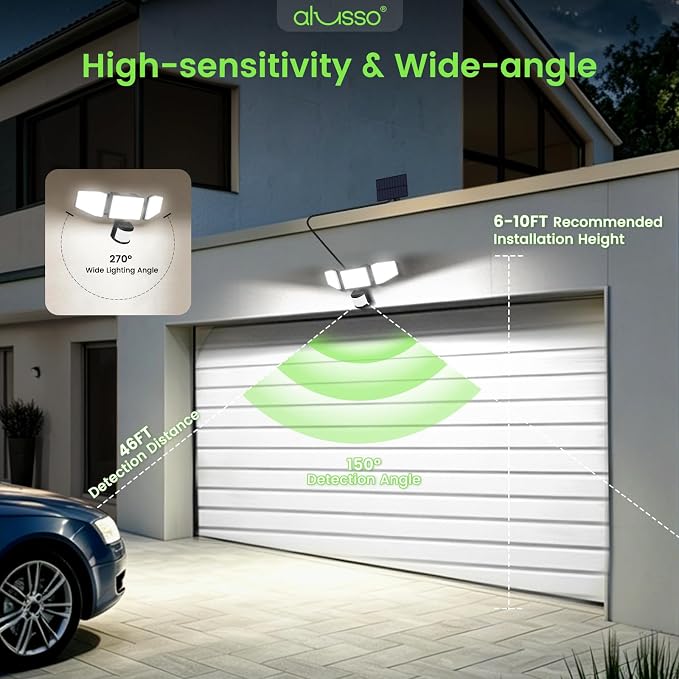 ALUSSO Solar Lights Outdoor Motion Sensor, 400LM LED Security Lights w/Remote, Dusk to Dawn/Auto/On Time Modes, CCT Adjustable 3000K-6500K, Dimmable IP54 Flood Wall Light for Garden Yard(2 Pack)