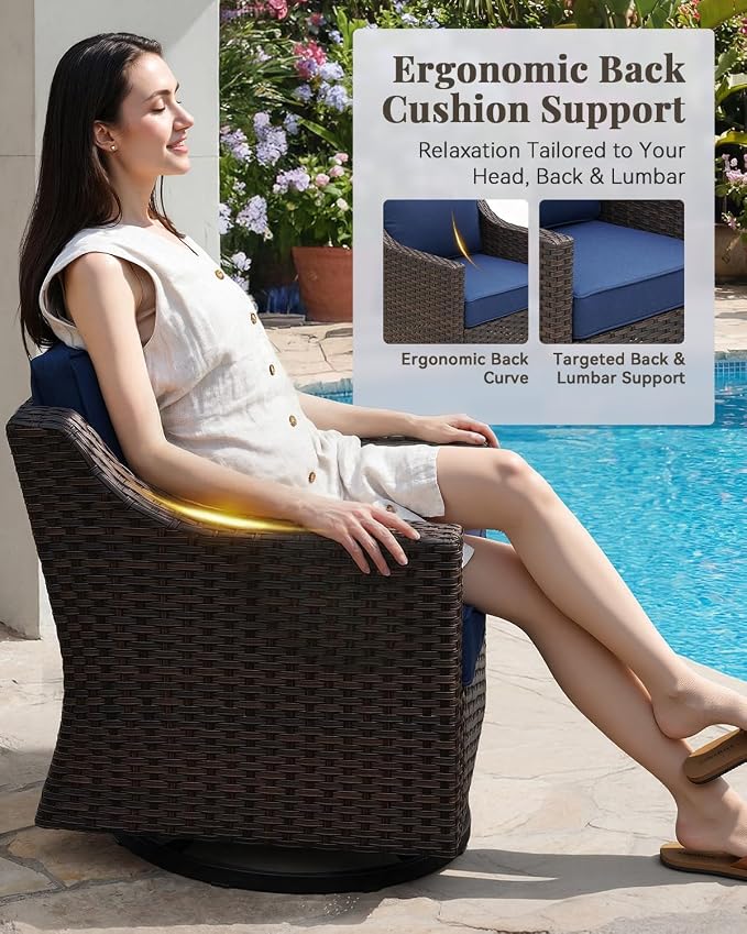 Patio Furniture Set 5 Pieces Luxury Outdoor Swivel Rocker Chairs and Ottomans, Easy Assembly Conversation Set for Porch Deck Balcony Yard in Brown Wicker and Blue Cushions