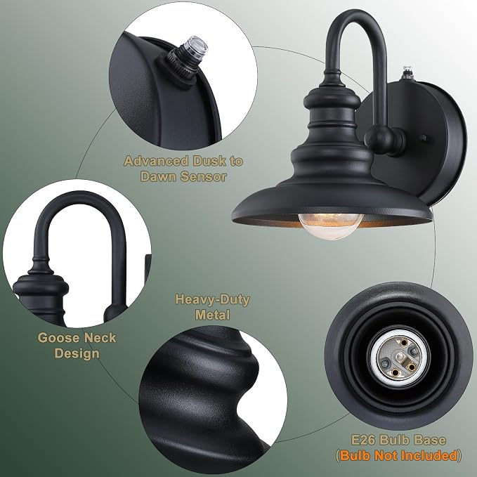 Dusk Dawn Sensor Outdoor Wall Sconce Black Exterior Gooseneck Barn Light | Waterproof Farmhouse Wall Mount Porch Lighting Fixture Anti-Rust Outside Lantern for House Garage Entryway