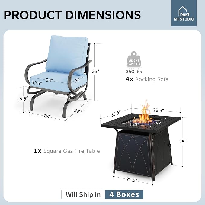 MFSTUDIO 5 Pieces Patio Conversation Sets, Outdoor Metal Furniture Sofas with 1 x 28 50,000 BTU Square Propane Fire Table and 4 x Wrought Iron Frame Rocking Chairs with Blue Cushion