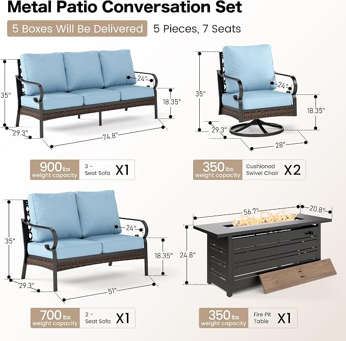 SUNSHINE VALLEY 5 Piece Metal Outdoor Patio Furniture Sets with Firepit Table, Patio Conversation Sets 1 3-Seater Sofa, 1 2-Seater Loveseat, 2 Swivel Sofa with 5.75" Cushion for Backyard Deck, Blue