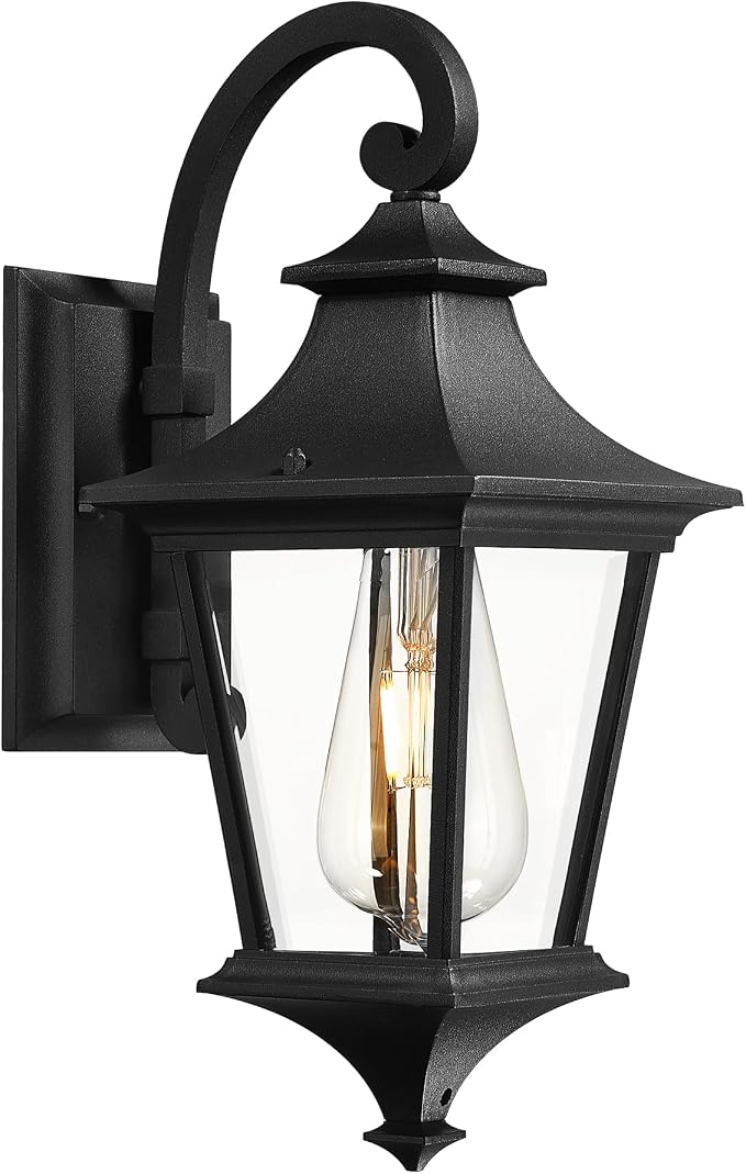 Emliviar 15 Inch Outdoor Wall Lantern, Modern Outside Front Door Lights, Black Finish with Clear Glass, XE292B BK