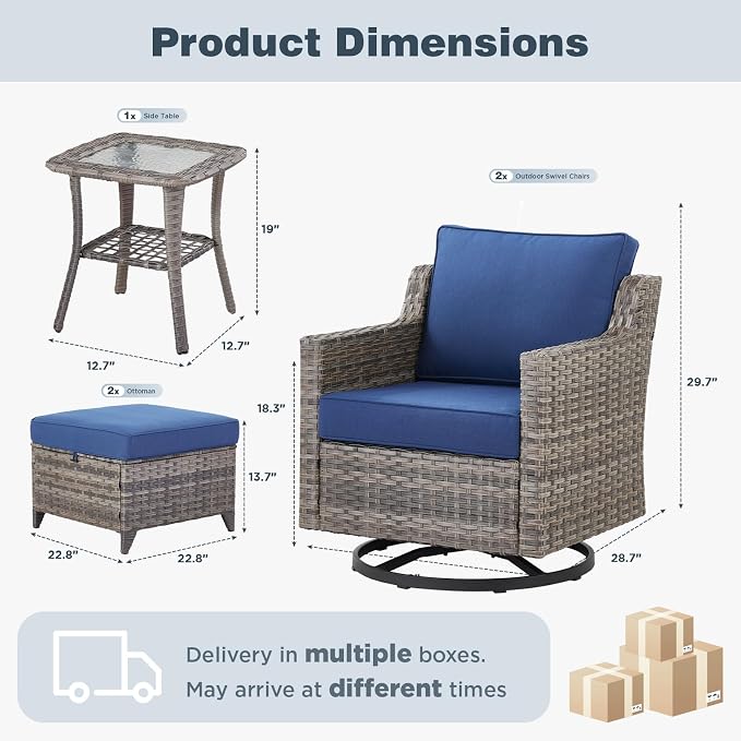 Belord Patio Wicker Swivel Rocker Patio Chairs with Side Table, Outdoor Rattan Chairs for Deck Porch Garden, 5 Piece Luxury Patio Furniture Set, Blue