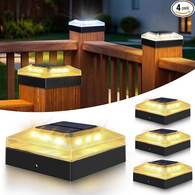 4x4 Solar Post Cap Lights Outdoor 4 Pack, 3 Color Modes/Dusk to Dawn/IP65 Waterproof, Fits 4x4 Vinyl/PVC Wood Posts Top, Black LED Fence Topper Light for Deck, Porch, Backyard