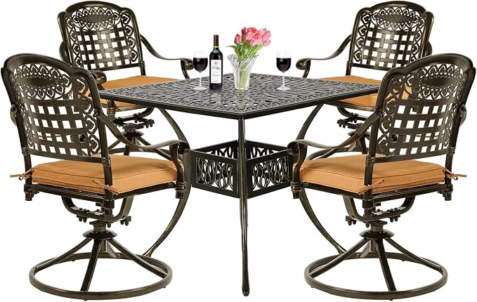 VIVIJASON 5-Piece Outdoor Patio Dining Set, All-Weather Cast Aluminum Conversation Set, Patio Furniture Set for Balcony Lawn Garden, Include 4 Swivel Cushioned Chairs, 1 Square Table w/Umbrella Hole