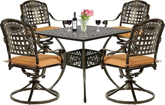 VIVIJASON 5-Piece Outdoor Patio Dining Set, All-Weather Cast Aluminum Conversation Set, Patio Furniture Set for Balcony Lawn Garden, Include 4 Swivel Cushioned Chairs, 1 Square Table w/Umbrella Hole
