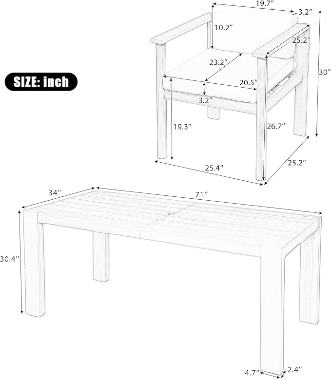 Merax 7-Piece Patio Dining Table Set,Outdoor Furniture Set with 72.8" Rectangle Table & 6 Chairs,Adjustable Leveling Feet,Umbrella Hole for Backyard,Garden,Poolside,Brown+ Beige