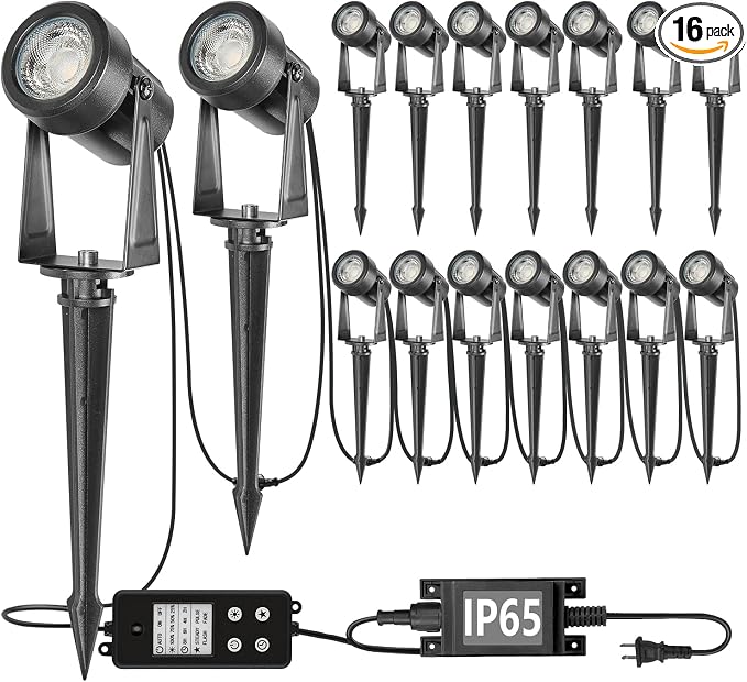 SUNTHIN Outdoor Landscape Spotlights, Dusk to Dawn Sensor Control, 16 Pack | IP65 Waterproof, Dimmable, Timable, Extendable, Auto on-off, Yard, Garden, Tree, Pathway, House Lighting