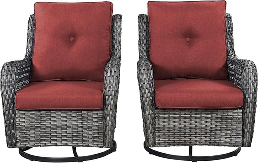 Rilyson Wicker Rocking Chair Swivel Chairs - 2 Piece Rocker Patio Chairs Set Rattan Rocking Chair for Outdoor Porch Deck Garden Backyard (Mixed Grey/Red)