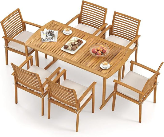 HAPPYGRILL 7 Pieces Acacia Wood Outdoor Dining Set for 6 People, Patio Table & Chair Set with Umbrella Hole, Outside Picnic Furniture