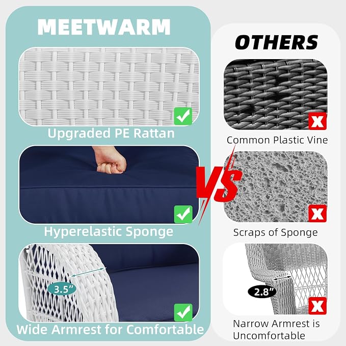 MEETWARM 4 Pieces Outdoor Wicker Patio Conversation Sets with Glider Loveseat, 2 Chairs with Coffee Table Wicker Rocking Glider Set, Rattan Conversation Set with Thickened Cushions, White/Navy