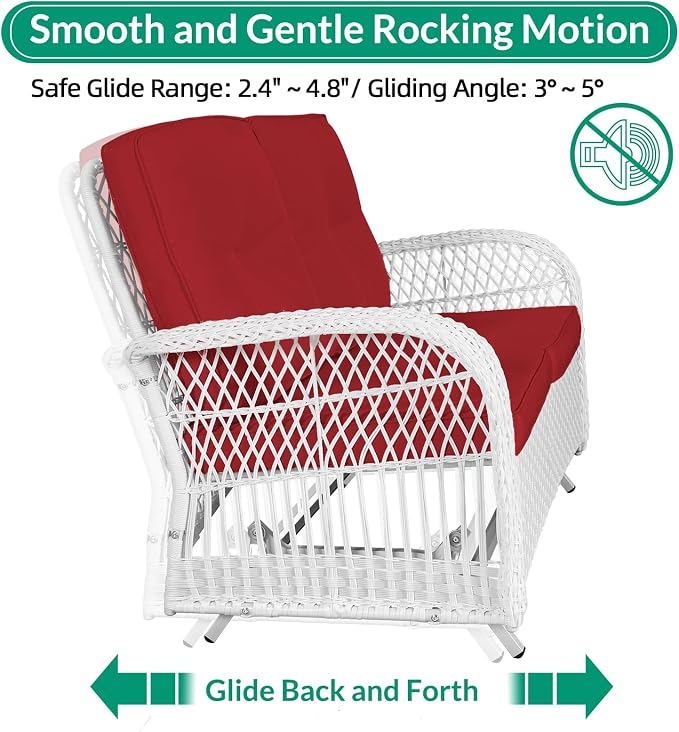 VIVIJASON 5-Piece Outdoor Patio White Wicker Conversation Sets, All Weather Outdoor Rattan Furniture Set Includes Glider Loveseat, 2 Coffee Table, 2 Swivel-Gliders Chairs with Cushions, Red