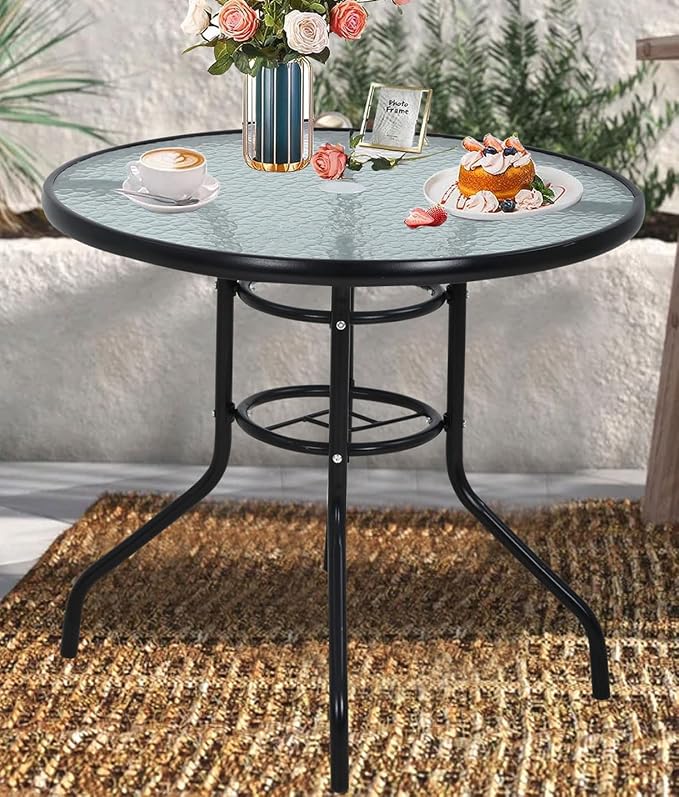 32" Patio Table with with Umbrella Hole, Round Outdoor Dining Table Bistro Table with Glass Table Top, All Weather Small Outdoor Table for Pool, Lawn, Backyard, Balcony