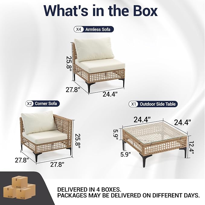 9-Piece Outdoor Wicker Patio Sectional Furniture Set, Beige | All Weather Performance, PE Rattan, Patio Conversation Set w/Coffee Table, for Backyard, Porch, Poolside, Deck