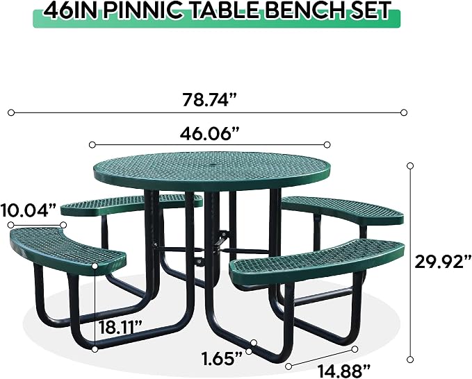 46" Round Picnic Tables for Outdoors,Commercial Metal Picnic Table Bench Set W/ Umbrella Hole,Restaurant School Canteen Tables W/Seats - Heavy Duty Sturdy Picnic Tables for Patio Garden Coffee Shop