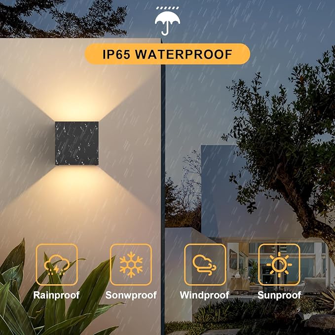 Mille Lucciole 12W 4Pack Outdoor Wall Lights Exterior/Interior,LED Black Outdoor Wall Sconces Light Fixtures Modern,IP65 Waterproof Square Aluminum Wall Lamps, Up and Down Lights 3000K Warm Lights