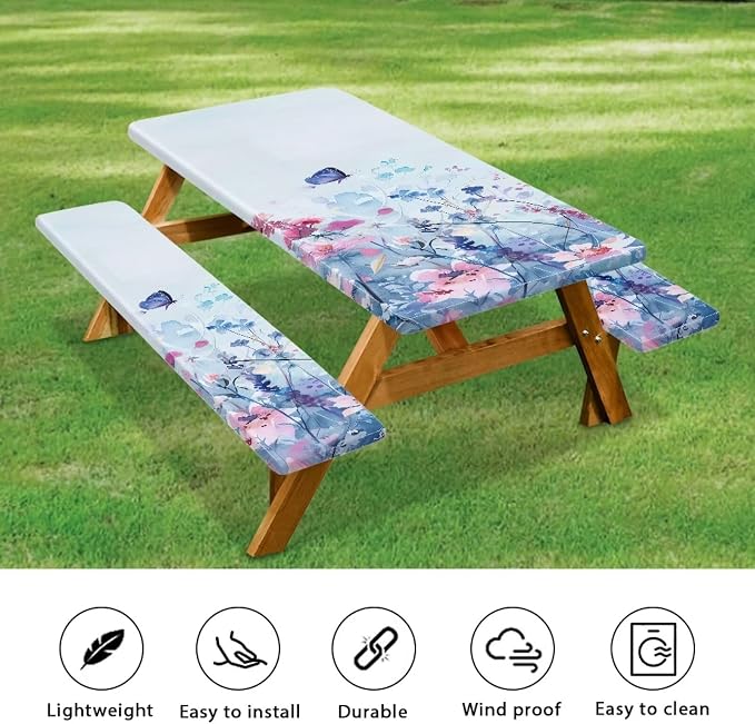 Blue Floral Picnic Table Cover with Bench Covers 3 Piece Fitted Picnic Table Cover with Bench Covers Picnic Table Covers with Elastic Band Picnic Table Cover for Outdoor, BBQ, Camping