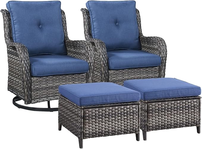 Rilyson Luxury 4 Pieces Patio Wicker Furniture Set, Outdoor Rattan Bistro Set with Rocking Swivel Chair, Ottoman and Thickened Cushions (Grey/Blue)